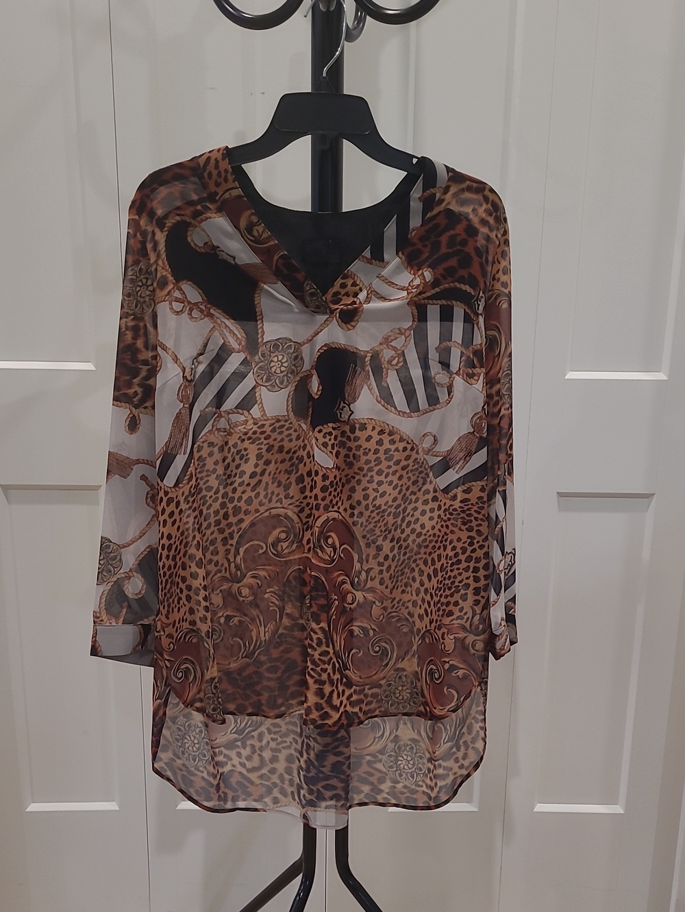 Q NEEL Sheer Animal Print V-Neck Tunic Top - Brown NWT